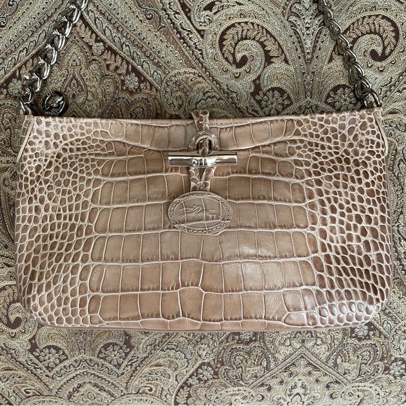 Longchamp Small Alligator Croc Embossed Chain Link Strap Roseau Shoulder Bag - Picture 3 of 16